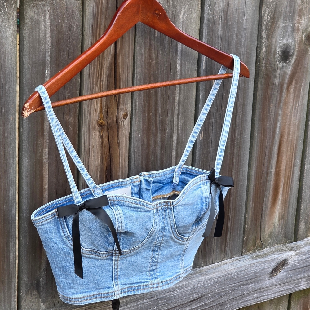 PacSun Denim Bustier Crop Bra Top M Y2K Coquette Bow Corset Style - Picture 6 of 16